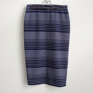 Max Studio knit stretch long fitted midi skirt navy blue white stripes Small